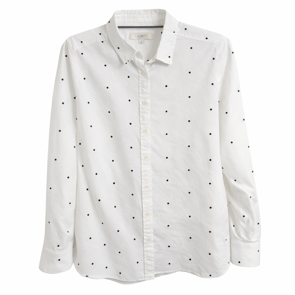 🤍 LOFT White Polka Dot Button-Down Shirt | Size Large